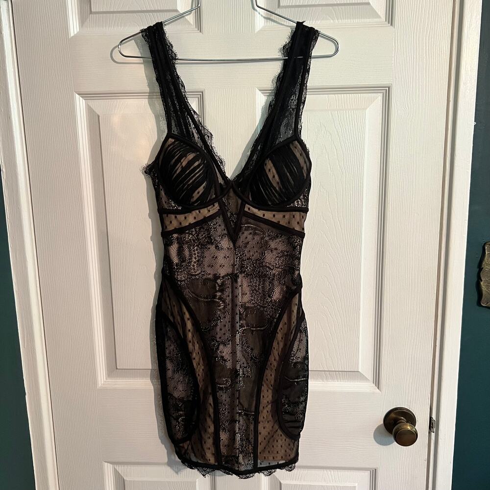Bebe Y2K XS Black Lace Overlay Bodycon Corset Cocktail Party Dress Whimsigoth - Picture 7 of 11